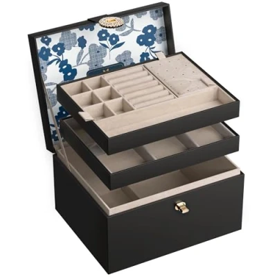 Image of AdelDream Jewellery Box Storage with Buttons Birthday and Holiday Gifts for Women Daughters Friends Black