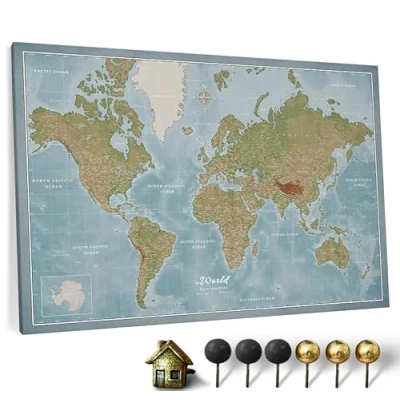 Image of Canvas World Map with Cork Pin Board English Lettering Decorative Wall Decoration for All Rooms Pictures Motif (90x60 cm, Pattern 8)