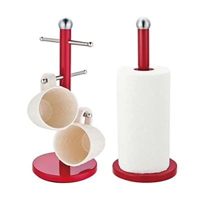 Image of Royal Cuisine set of Stainless Steel Coffee Tea Mug Tree and Kitchen Roll Holder Hanger Stand Paper Towel Cup with 6 Hooks Holders Kitchenware Red