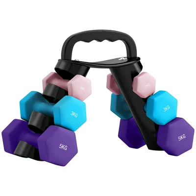 Image of SPORTNOW Dumbbells Set with Carry Storage Rack, of 6 Weights for Home Gym, Kettlebell Training Weight Lifting Exercise, 2 x 1kg, 3kg, 5kg, Pink