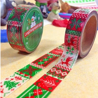Image of HAND ® Fun Wrapping Paper Tape 15mW (No.2 festival red &amp; green 5 meters) Pack of 2 Rolls