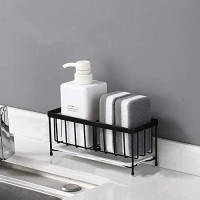 Image of Wuudi Kitchen Sink Caddy Stainless Steel Sponge Holder with Removable Drain Tray Organiser Tidy Rack (black)