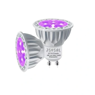Image of JSVSAL MR16 (GU10 Base) LED Light Bulb,Dimmable,AC 200 240V,Purple, 6 Watt(50 Watt Equivalent), Aluminum Casing,40 Degree Spot Track Bulb,2 Pack