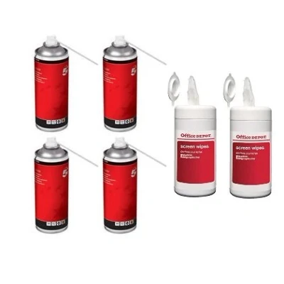 Image of 5 Star 400ml Air Duster Can (4) and Office Depot Screen Wipes (2 Tubs of 100)