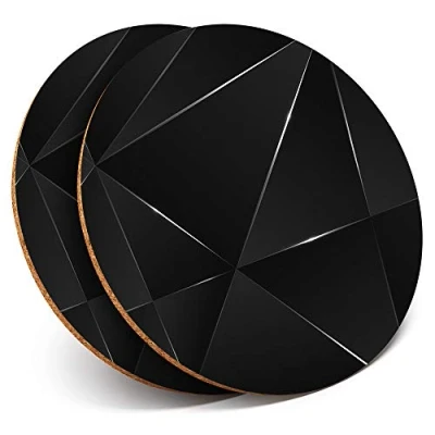 Image of 2 x Round Coasters Black Silver Abstract Design Cork Backed Home Kitchen Accessory Tea Coffee Mug Mat #2009