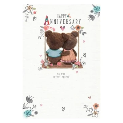 Image of Words &#039;n&#039; Wishes &#039;To Two Lovely People&#039; Anniversary Card Teddy Bears on Swing Embossed with Flitter Eco Friendly Made in Great Britain