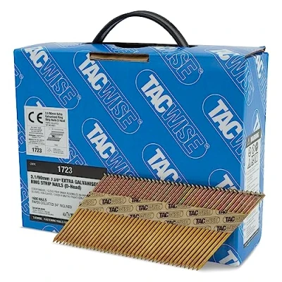 Image of TACWISE 1723 3.1/90 mm Extra Galvanised Framing Nails, D Head, Ring Shank, 34 Inclined, Paper Collated, Pack of 1600, Silver