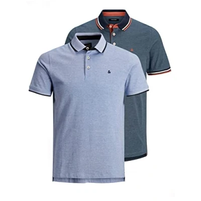 Image of JACK &amp; JONES Men&#039;s Jjepaulos Polo Ss Noos Kosile, Pack of 2 (Bright Cobalt/Denim Blue), S