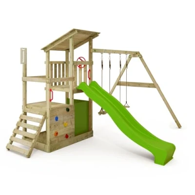 Image of FATMOOSE Wooden Climbing Frame FruityForest Fun XXL with Swing Set &amp; Apple Green Slide, Outdoor Kids Playhouse Sandpit, Ladder Play Accessories for The Garden