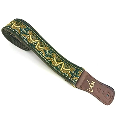 Image of VTAR Handmade Irish Celtic Beast Green Hemp Guitar Strap, Made with Brown Vegan Leather &amp; Antique Brass Details Acoustic, Bass and Electric
