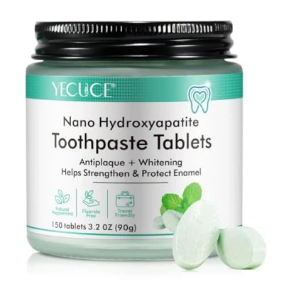 Image of Toothpaste Tablets 150 Tabs Nano Hydroxyapatite Natural Whitening Fluoride Free &amp; Eco Friendly Travel Mouthwash Chewable Tablet Peppermint