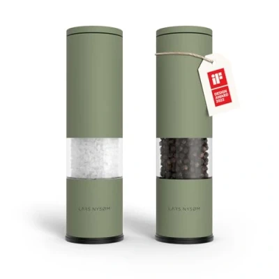 Image of LARS NYSØM Salt and Pepper Mills Set Stainless Steel with Adjustable Ceramic Grinder 2 Pieces I Design Spice Manual (Sage Green)