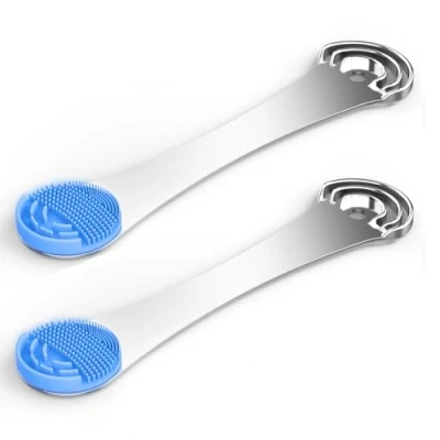 Image of Tongue Scrapers for Adults, Stainless Steel Scraper with Brush Bad Breath Treatment Metal Cleaner, 2pcs