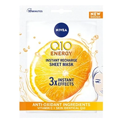 Image of NIVEA Q10 + C Power Anti Wrinkle Energy Sheet Mask (1 Piece), Ageing Moisturiser with Vitamin C, Face Coenzyme Q10, Cream
