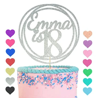 Image of GuteGifts Personalised with Any Name Age Cake Topper Custom Happy Birthday Decoration Circle Design 13 16 18 21 30 40 50 60 (Silver)
