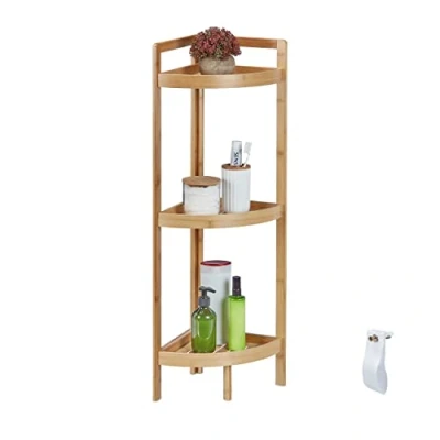 Image of Relaxdays Corner Shelf, 3 Shelves, H x W D: 90 36.5 26 cm, Bathroom &amp; Kitchen, Bamboo, Natural