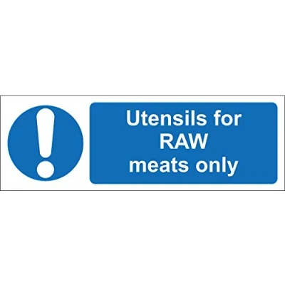 Image of Utensils for raw meats only kitchen catering safety sign Self adhesive sticker 200mm x 66mm
