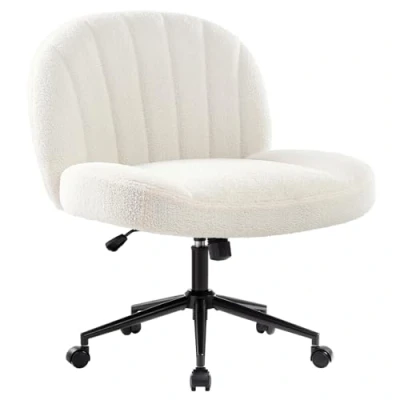 Image of IWMH Armless Office Desk Chair with Wheels,Ergonomic Criss Cross Legged Computer Fabric Padded, Height Adjustable Wide Seat Vanity Chair,Mid Back Task for Home, Bedroom (White)