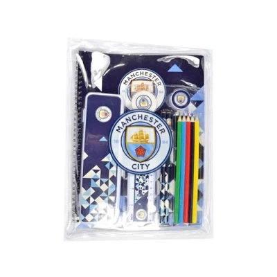 Image of FOCO Manchester City FC Stationery Set with Notepad, Ruler, Pencils, Crest Badges