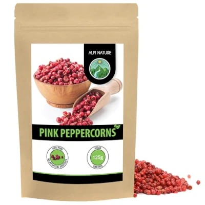 Image of pink pepper whole (125g, 4.4oz), peppercorns 100% natural, without additives, vegan,