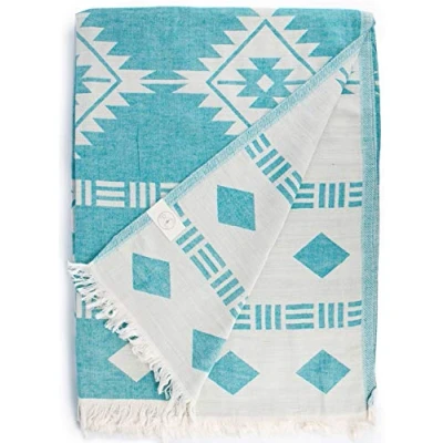 Image of Bersuse 100% Cotton Belize XXL Throw Blanket Turkish Towel Aqua