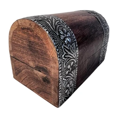 Image of Thorness Mango Wood Treasure Chest Trinket Box, floral embossed design and hinged lid, perfect for jewellery, keepsakes, trinkets