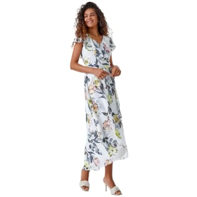 Image of Roman Originals Frill Dress for Women UK Ladies Summer Wrap Chiffon Hem Layered Belted Midi Maxi Tiered Cape Special Occasion Fit &amp; Flare Wedding Guest Swing Skater Ivory Lime Size 16