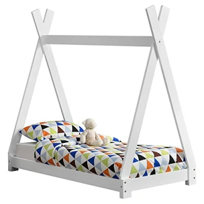 Image of [en.casa] Children Bed 148x76x140cm Matte White for Kids Pine Wood Frame Indian Tent Design