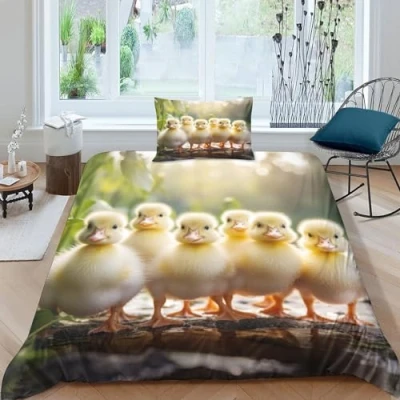 Image of GEEYOU A Flock of Ducks Comfortable Bedding Set Hidden Zipper Little Duck Duvet Cover with Pillowcases Comforter Soft Microfiber Quilt Various Sizes Single（135x200cm）