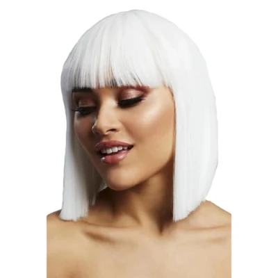 Image of Smiffys Fever Lola Wig, White Blunt Cut Bob with Fringe, 30cm/ 12in, Wigs Fancy Dress, Dress Up