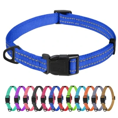 Image of TagMe Reflective Nylon Dog Collars, Adjustable Classic Collar with Quick Release Buckle for Extra Small Dogs, Royal Blue, 1.5 cm Width