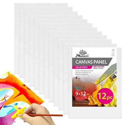 Image of PHOENIX Painting Canvas Panel Boards 1/7 Inch Deep Super Value Pack for Professional Artists, Students &amp; Kids 9&quot;x 12&quot;, 12Pack White