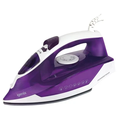 Image of Igenix IG3122 PowerSteam Vertical Steam Iron, Ceramic Non Stick Soleplate, 250 ml Water Tank Capacity, 2200 W, Purple/White