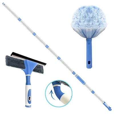 Image of Professional Window Squeegee Cleaner&amp;Cobweb Duster Set,105&#039;&#039;Extendable Shower Squeegee,2 In 1 Telescopic Cleaning Equipment with Bendable Head
