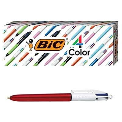 Image of BIC 4 Color Shine Ballpoint Pen, Red Barrel, Medium Point (1.0mm), Assorted Inks, 3 Count