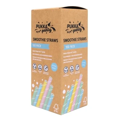 Image of PUKKA party Paper Smoothie Straws Pack of 100 Eco Friendly, Biodegradable Drinking Extra Strong, Lasts up to 24 Hours in Water Counter Display Unit with Tear Away Top Pastel, 19.5cm