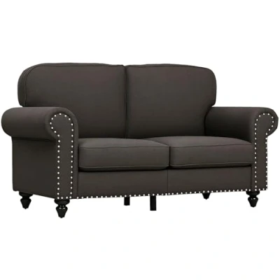 Image of HOMCOM 2 Seater Sofa, Fabric Sofa Couch with Nailhead Trim Rolled Arm and Slatted Wood Frame, Upholstered Loveseat Settee for Living Room, Bedroom, Home Office, Dark Brown