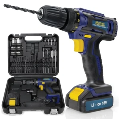 Image of Skotek Cordless Drill Driver 18V Lithium Ion, 54Pc Electric Screwdriver Set, LED Work Light, Quick Change Power Battery with Charger &amp; Carry Case Included