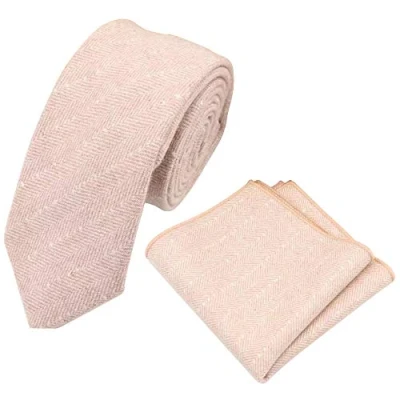 Image of DB Dickie Bow Men&#039;s Luxury Wool Skinny Neck Tie &amp; Pocket Square Set (Pink Herringbone) suitable for formalwear, office, weddings, parties, grooms groomsmen outfits