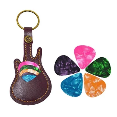 Image of Guitar Pick Holder Leather Keyring Keychain Case for Bag with 5Pcs Plectrums Gift