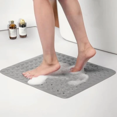 Image of ASAB Rubber Non Slip Bath Mat 54 x 54cm Anti Mould Mildew Resistant Durable Shower with Drain Holes Suction Cups Machine Washable Safe Comfortable Bathtub for Elderly Children Grey (Small)