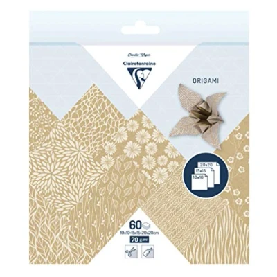 Image of Clairefontaine Ref 95355C Origami Paper (Pack of 60 Sheets) 3 Assorted Sizes in Size, 70gsm Paper, Printed Design on Front &amp; Plain Backs Kraft Floral Patterns
