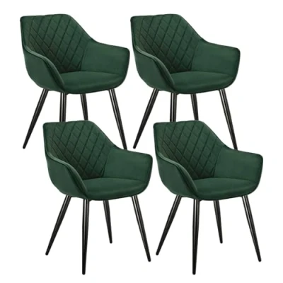 Image of WOLTU Set of 4 x Dining Chairs Green Kitchen Side Upholstered Velvet Seat for Counter Lounge Living Room Corner Accent with Arms &amp; Back Support Metal Legs Reception