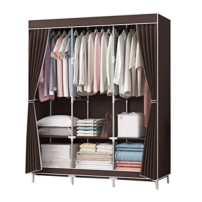 Image of Canvas Wardrobe, Portable Fabric Wardrobe With Hanging Rail and Shelves, Clothes Closet Storage Organizer for Bedroom,Brown 128x45x170cm