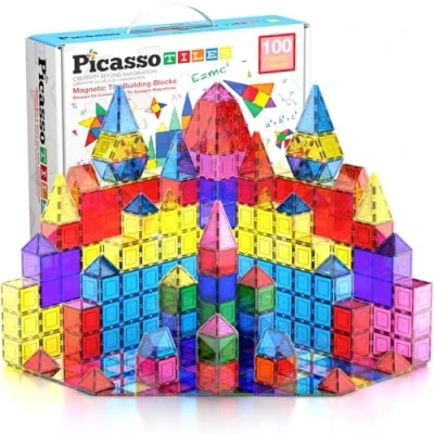 Image of PicassoTiles 100 Piece Magnetic Playboards Tiles Set Magnet Toys for Toddlers STEM Building Blocks Sensory Creative Kids Manipulative Preschool learning Construction Toy ages 3+ Boys Girls PT100