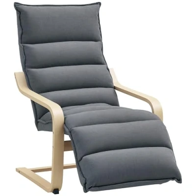 Image of HOMCOM Birch Wood Lounge Chair, Upholstered Recliner Seat with Adjustable Footrest, Modern Armchair for Living Room, Bedroom, Balcony, Office, Drak Grey