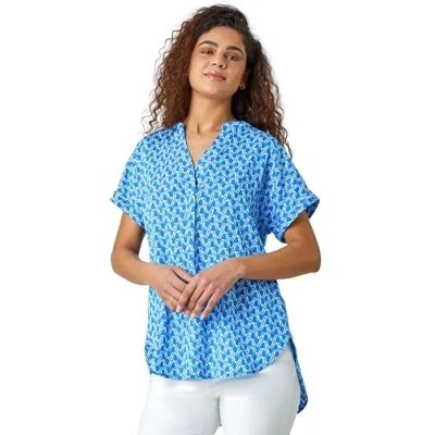 Image of Roman Originals Abstract Print Woven Pleat Front Top for Women UK Ladies Everyday Holiday Spring Summer V Neckline Comfy Soft Evening Vacation Work Party Blue Size 10