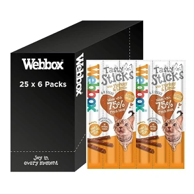 Image of Webbox Tasty Sticks Cat Treats, Turkey and Lamb Kitten Friendly, Wheat Grain Free, No Artificial Colours (25 x 6 Packs)