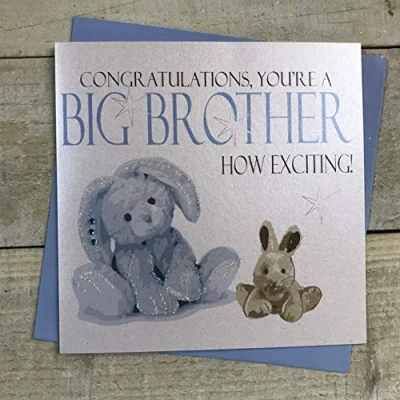 Image of white cotton cards &quot;Congratulations, You&#039;re A Big Brother How Exciting!&quot; Handmade Card, Blue