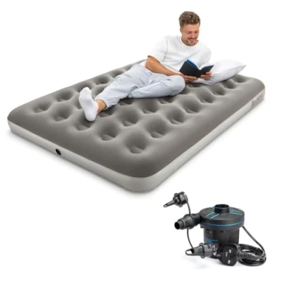 Image of Bestway Premium Camping Double Airbed with Handheld Electric Pump, Flocked Inflatable Bed Portable, Air Mattress, Outdoor
